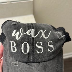 Wax Boss /scentsy distressed grey/black trucker high ponytail hat